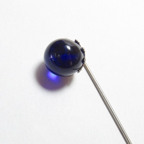 Sterling Silver Crown Set Royal Blue Glass Ball Stick Pin 1970's Vintage