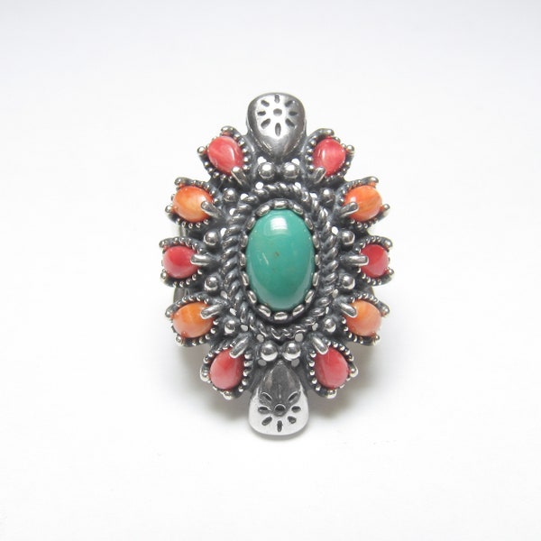 CAROLYN POLLACK Relios Sterling Silver 0.75 Ct Natural American West Blue Turquoise And Spiny Oyster Ring Vintage