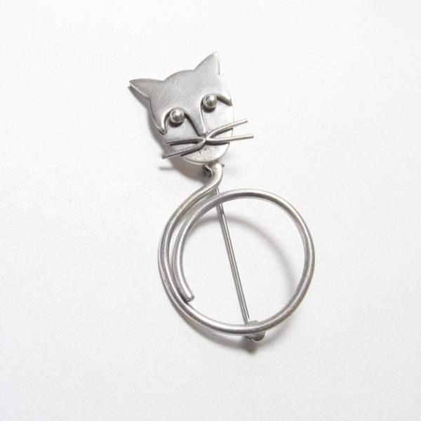 Large Sterling Silver Custom Made Goofy Cat Brooch Pin 1980's Vintage