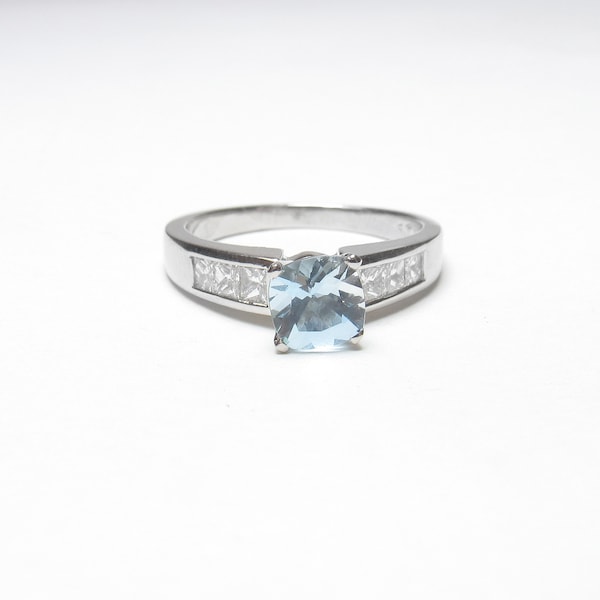 SJ Platinum 1.00 Ct Natural Cushion Ice Blue Aquamarine And Diamond Ring Vintage