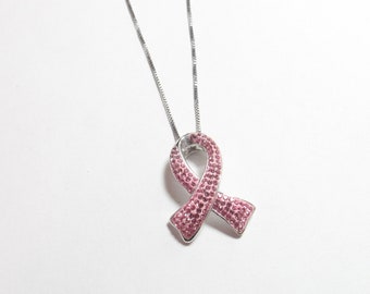 Sterling Silver Pink Rhinestone Breast Cancer Awareness Ribbon Pendant With Chain Vintage