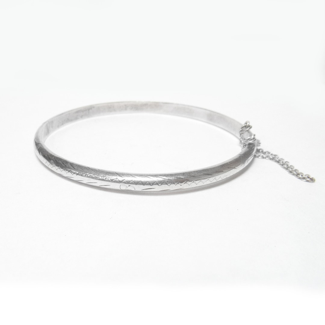 Sterling Silver Thin Hand Etched Lightning Heart Bangle Bracelet