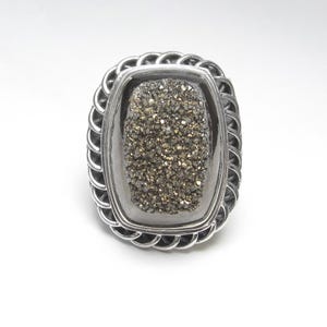 Large PJC Sterling Silver 10.00 Ct Lab Created Cushion Titanium Coffee Brown Druzy Quartz Ring Vintage