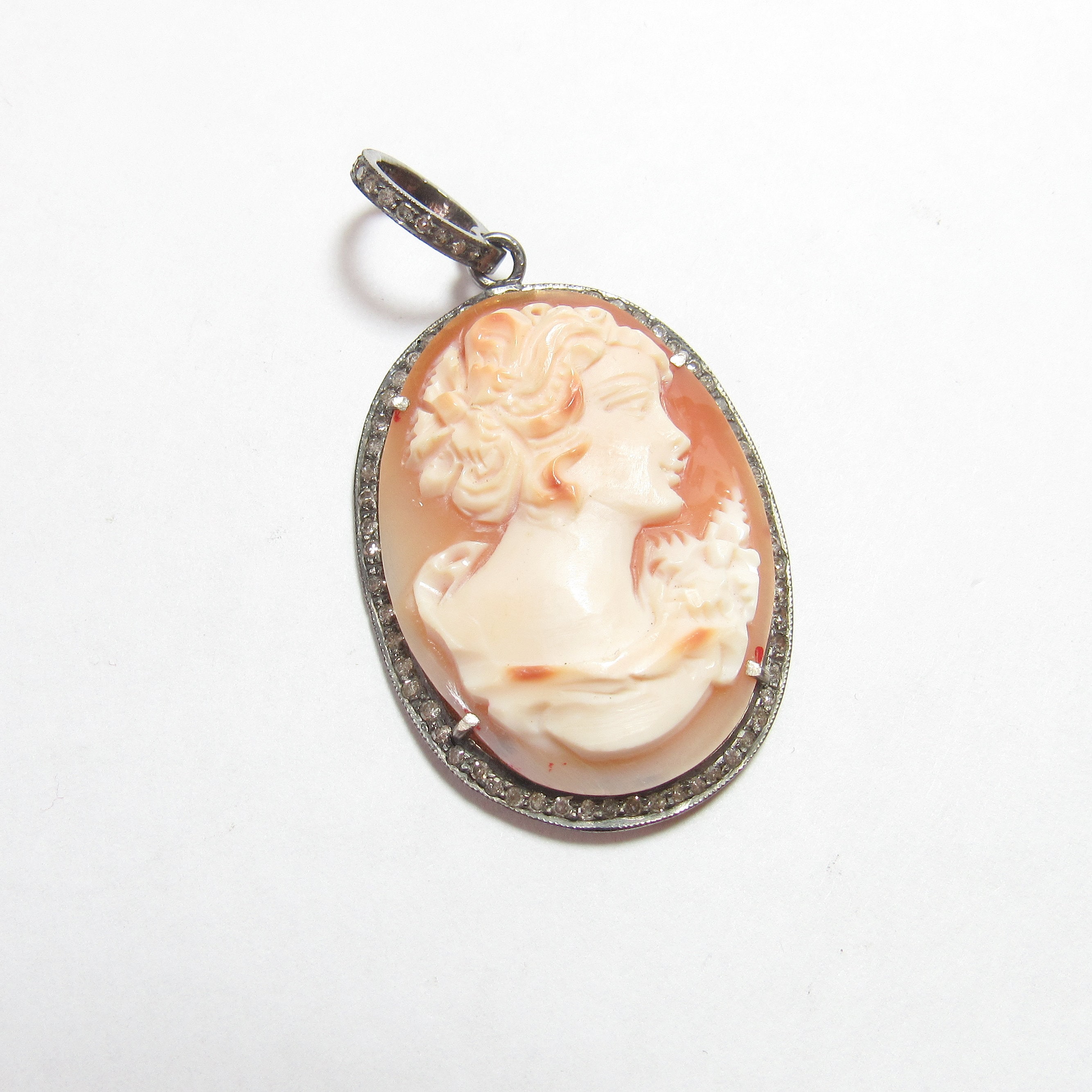 Sterling Silver Carved Curly Hair Woman Shell Cameo Diamond Pendant 0. ...