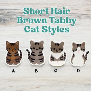 May include: Four illustrated stickers of short hair brown tabby cats labeled A, B, C, and D. The text Short Hair Brown Tabby Cat Styles is displayed above the stickers. Each cat features distinct brown and grey striped patterns.