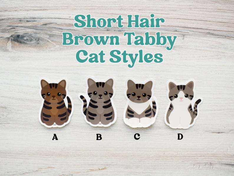 May include: Four illustrated stickers of short hair brown tabby cats labeled A, B, C, and D. The text Short Hair Brown Tabby Cat Styles is displayed above the stickers. Each cat features distinct brown and grey striped patterns.