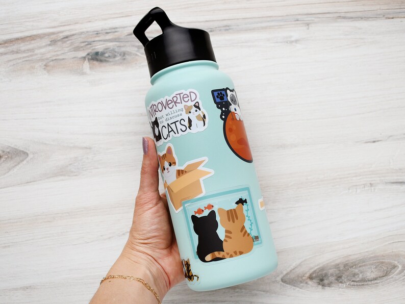 Fish watching cat sticker for laptop, cute cat stickers for water bottle, black cat sticker, black cat gift for friends, orange cat sticker Bild 2