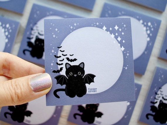 Halloween black cat postit notes, cute post it note pad, spooky season sticky notes, cat mom fall stationery gifts, back to school notepad