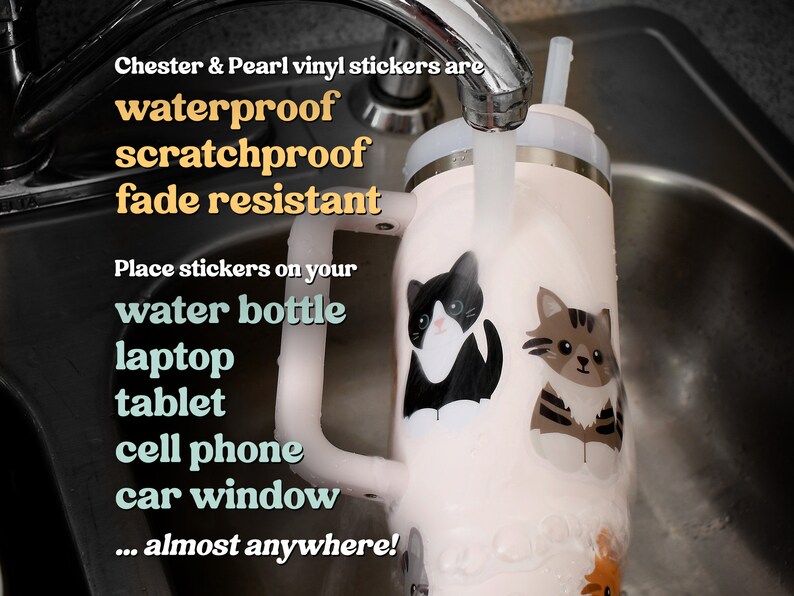 May include: A light pink insulated tumbler with a handle and straw, featuring two cat stickers. Text reads: Chester & Pearl vinyl stickers are waterproof, scratchproof, fade resistant. Place stickers on your water bottle, laptop, tablet, cell phone, car window... almost anywhere!