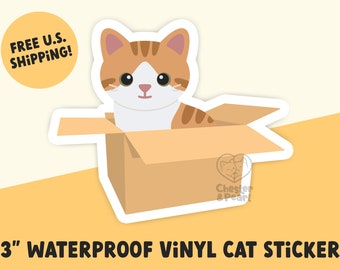 orange cat sticker, cats in a box cat sticker, cat in cardboard box, orange cat decal, orange cat art, orange cat gift, cat gift for friends