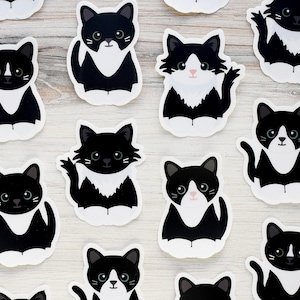 Black tuxedo cat with white blaze vinyl sticker for water bottle and laptop, cute kitten waterproof decal for car window, tuxie cat mom gift