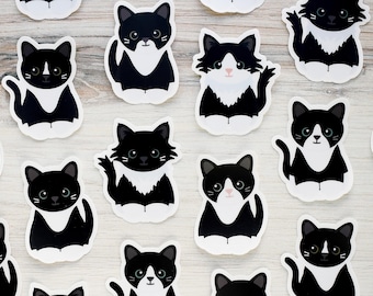 Black tuxedo cat with white blaze vinyl sticker for water bottle and laptop, cute kitten waterproof decal for car window, tuxie cat mom gift