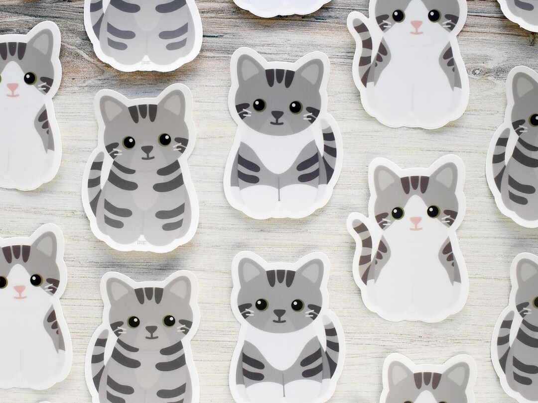Gray Tabby Cat Vinyl Sticker for Water Bottle and Laptop, Cute Cartoon ...