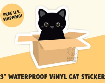 black cat sticker, cats in a box cat sticker, cat in cardboard box, black cat decal, black cat art, black cat gift, cat gift for friends