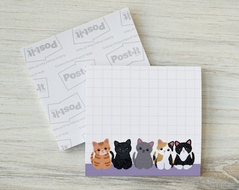 Cat sticky notes, sticky note pad, cat stationery, grid notepad, cute post it notes, cute memo pad, cat lover birthday gift, cat mom gift