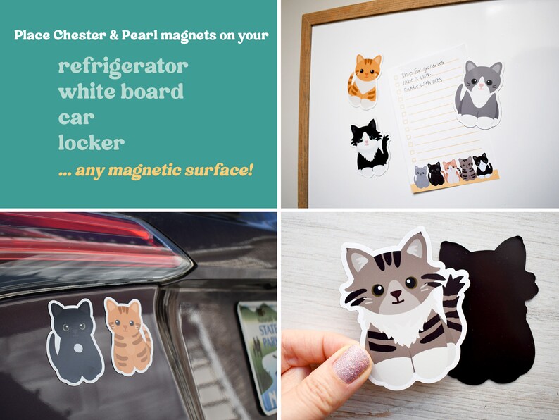May include: A collection of cat-shaped magnets featuring various feline breeds and colors. The magnets are shown attached to a white board and a vehicle, and one is held to display the magnetic backing. The text reads: Place Chester & Pearl magnets on your refrigerator white board car locker ... any magnetic surface!