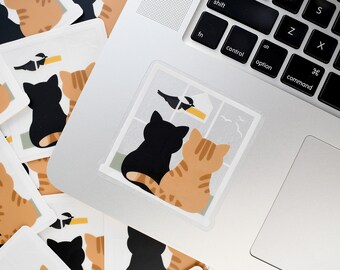 Bird watching cat sticker for laptop, cute cat stickers for water bottle, black cat sticker, black cat gift for friends, orange cat sticker