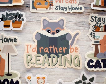 I'd Rather Be Reading book lovers sticker, cat sticker for reader, cute book sticker for laptop, cat water bottle sticker, bookish cat gifts