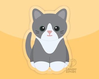 Gray tuxedo cat sticker, cute cat sticker for hydroflask, waterproof cat sticker, grey tuxedo cat laptop stickers, tuxedo cat gift