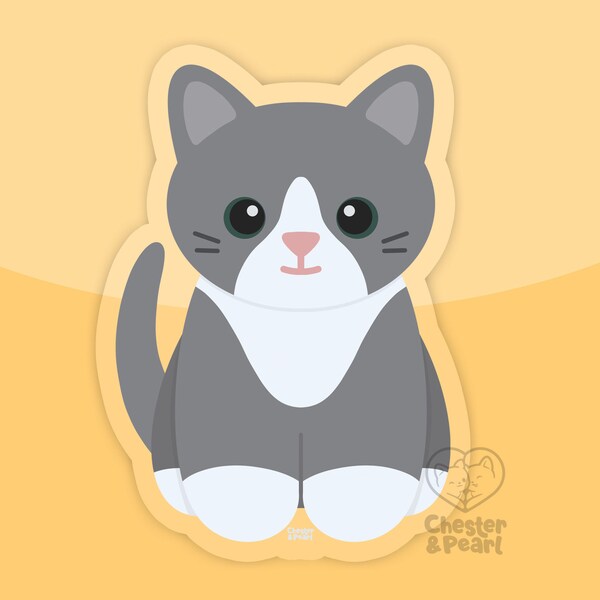Gray tuxedo cat sticker, cute cat sticker for hydroflask, waterproof cat sticker, grey tuxedo cat laptop stickers, tuxedo cat gift