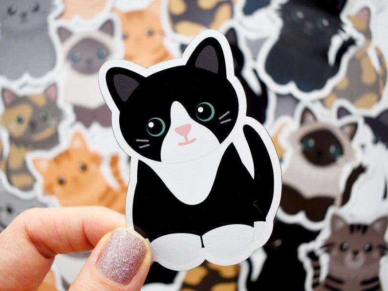 Black tuxedo cat with white blaze magnet, waterproof vinyl car magnet, cute refrigerator magnets, cute cartoon black tuxie cat fridge magnet image 2