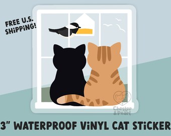 Bird watching cat sticker for laptop, cute cat stickers for water bottle, black cat sticker, black cat gift for friends, orange cat sticker