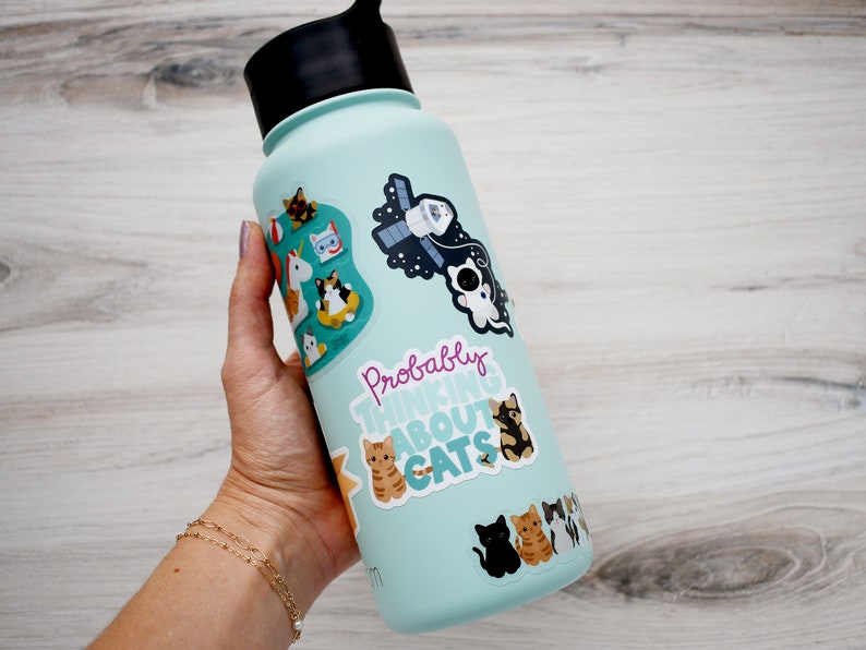 May include: A light blue reusable water bottle with various cat-themed stickers, including a sticker that says "Probably Thinking About Cats".