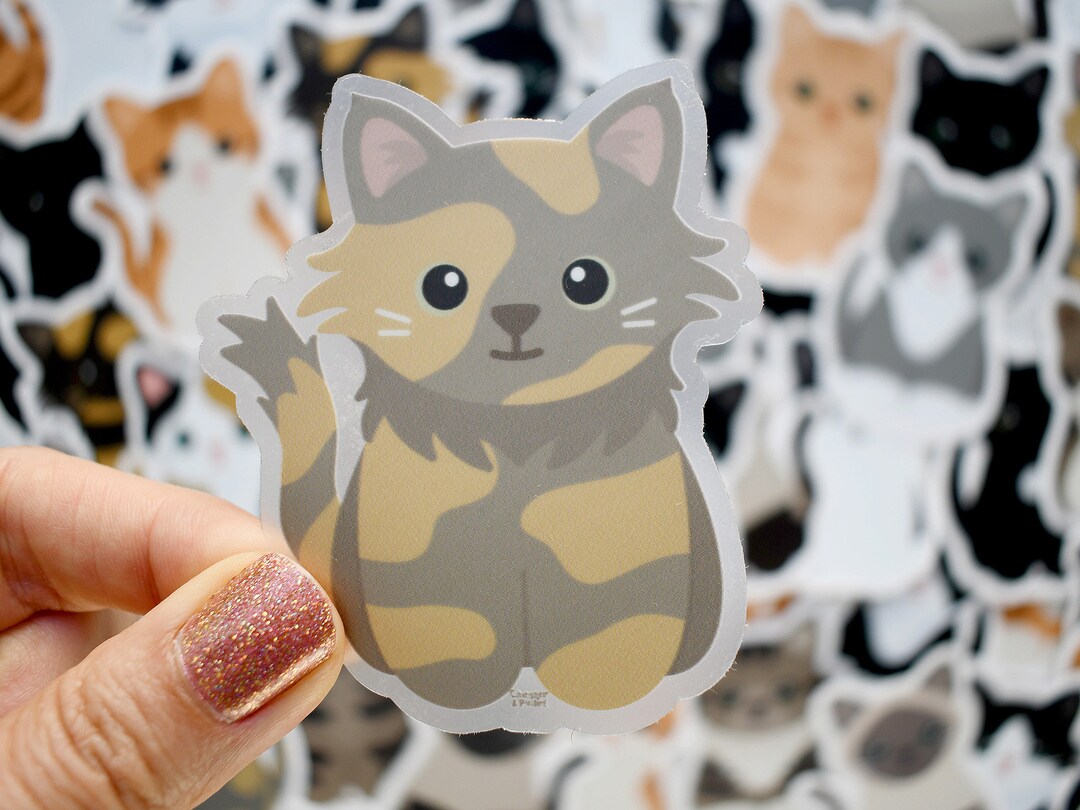 Dilute Long Haired Tortie Cat Sticker, Cat Water Bottle Sticker