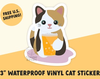 Purrfect Pint calico cat sticker for pint glasses, pint beer glass calico cat art for water bottle, beer gifts and beer stickers for dad