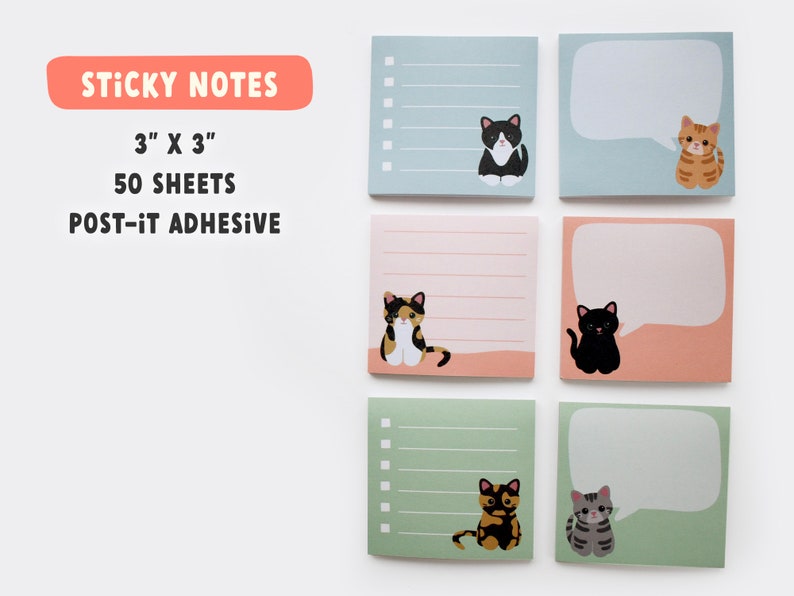 Cat sticky notes set of 6, cute stationery set, stationary pad, cat mom birthday gift idea, sticky note pad, teacher appreciation week gifts image 2