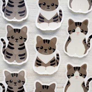 Brown tabby cat vinyl sticker for water bottle and laptop, cute cartoon kitten waterproof decal for car windows, cat mom gift for pet owners