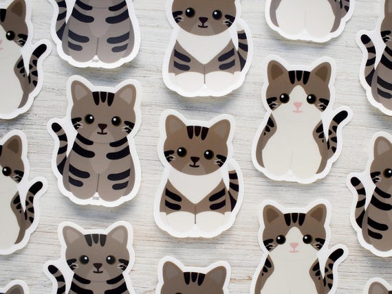 Brown tabby cat vinyl sticker for water bottle and laptop, cute cartoon kitten waterproof decal for car windows, cat mom gift for pet owners