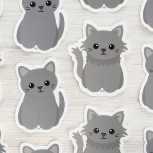 Gray cat vinyl sticker for water bottle and laptop, cute cartoon grey kitten waterproof decal for car window, cat mom art gift for pet owner