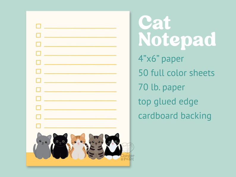cute cat checklist memo pad, cute to do list notepad, fun gifts for cat lovers and owners, cat mom note pad, stationery gifts for teachers image 2