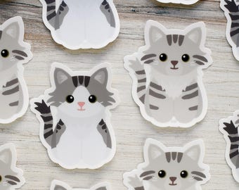 gray tabby long haired cat vinyl sticker for water bottle and laptop, cute kitten waterproof decal for car windows, cat lover art gifts