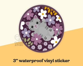 gray tabby cat flower sticker waterproof, pretty cat stickers for laptop, cat flowers stickers for hydroflask, cat mom gifts under 5 dollars