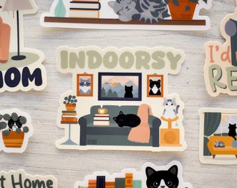 Indoorsy waterproof sticker, introvert cat sticker, cute homebody cat sticker for laptop, funny water bottle sticker, bookish cat gifts