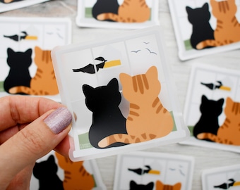 Bird Watching Cats Vinyl Sticker, Cute Laptop Decal