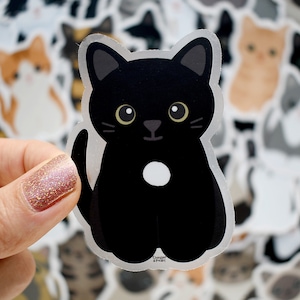 Black cat with white locket vinyl sticker for water bottle and laptop, cute cartoon kitten waterproof decal for car window, cat mom art gift