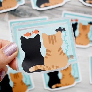 Fish watching cat sticker for laptop, cute cat stickers for water bottle, black cat sticker, black cat gift for friends, orange cat sticker