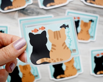 Fish watching cat sticker for laptop, cute cat stickers for water bottle, black cat sticker, black cat gift for friends, orange cat sticker