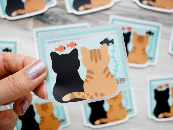 Fish watching cat sticker for laptop, cute cat stickers for water bottle, black cat sticker, black cat gift for friends, orange cat sticker