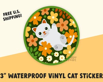 white cat flower sticker waterproof, pretty cat stickers for laptop, cat flowers stickers for hydroflask, cat mom gifts under 5 dollars