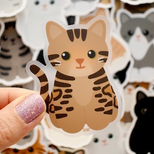 Brown Bengal cat vinyl sticker for water bottle and laptop, cute cartoon kitten waterproof decal for car windows, bengal cat lover art gift
