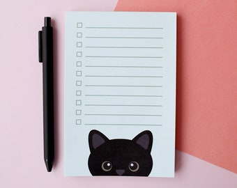 black cat checklist notepad, cute to do list note pad, fun black cat gifts for her, peeking cat memo pad, stationery gifts for teachers
