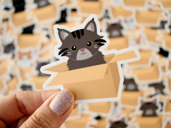 tabby cat sticker, cats in a box cat sticker, cat in cardboard box, tabby cat decal, tabby cat art, tabby cat gift, cat gift for friends