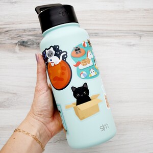 May include: A light blue reusable water bottle with a black lid and a variety of cat-themed stickers. The stickers feature cats in different poses, including sleeping, playing, and lounging. The bottle has the word "slim" printed on the side.