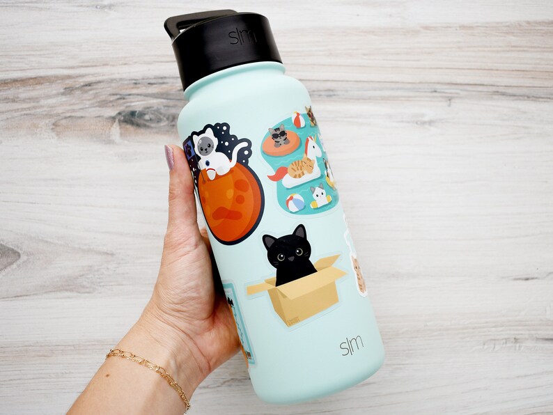 May include: A light blue reusable water bottle with a black lid and a variety of cat-themed stickers. The stickers feature cats in different poses, including sleeping, playing, and lounging. The bottle has the word "slim" printed on the side.