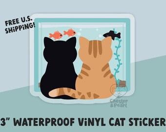 Fish watching cat sticker for laptop, cute cat stickers for water bottle, black cat sticker, black cat gift for friends, orange cat sticker