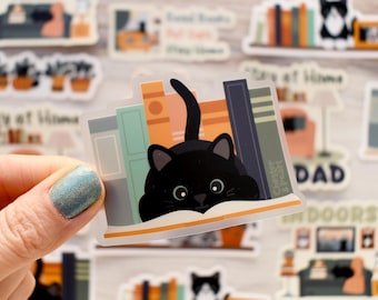 Black Cat Reading a Book waterproof sticker, funny cat sticker, cute book sticker for reader, cat water bottle sticker, bookish cat gifts